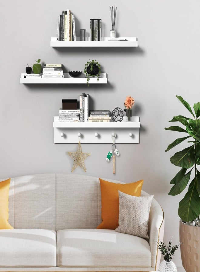 MBYD Picture Shelf Ledge, 24 Inch Floating Shelves for Wall, Nursery Book Shelves with Hooks Set of 3, Floating Shelf Wall Mounted for Bathroom, Kids Room, Living Room, Kitchen Bedroom White - Image 2